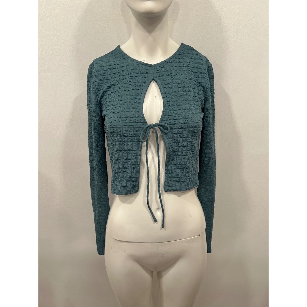 Elodie Crop Top Women Small Teal New Front Tie Textured Long Sleeve NWT Y2K